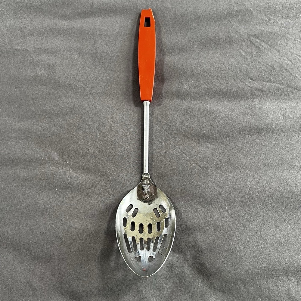 Vintage Ekco USA Slotted Stainless Serving Spoon Orange‎ Handle 12" Color